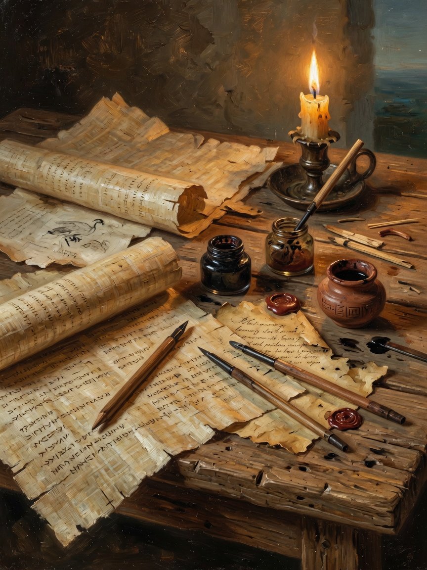 Papyrus sheets, reed pens, and ink on a scribe's table