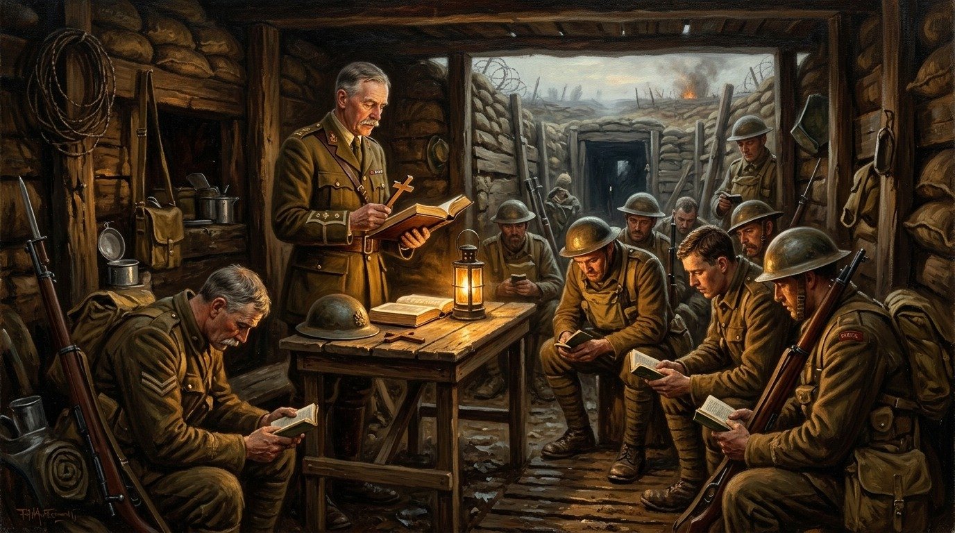 Atmospheric historical oil painting of an Army chaplain reading from an open Bible by lantern light to soldiers gathered in a World War I trench dugout