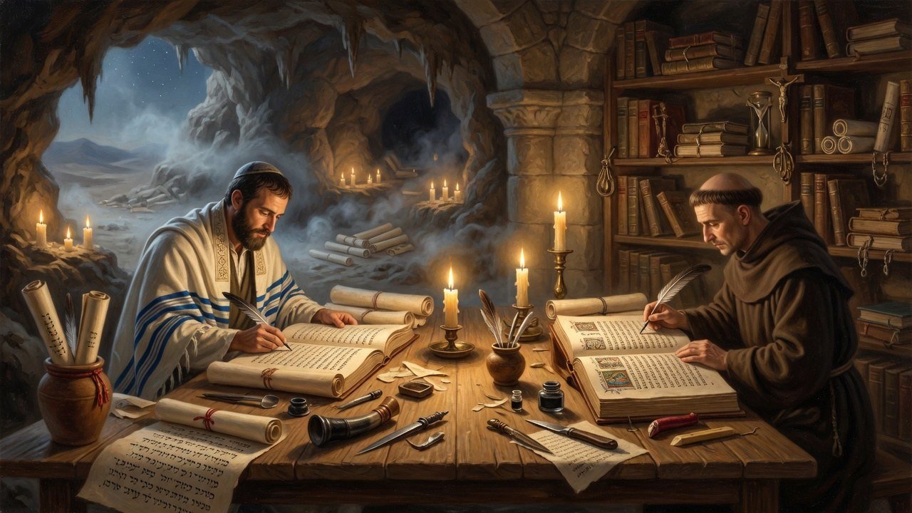 Wide 16:9 view of Jewish and Christian scribes copying Scripture by candlelight
