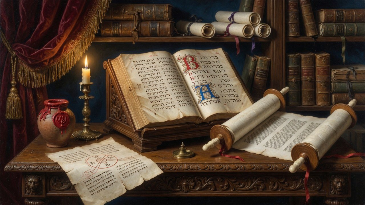 Wide 16:9 still-life of codex, Torah scroll, and sealed jar symbolizing biblical preservation
