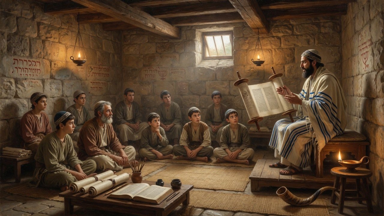 Wide 16:9 view of first-century Scripture reading in a stone synagogue
