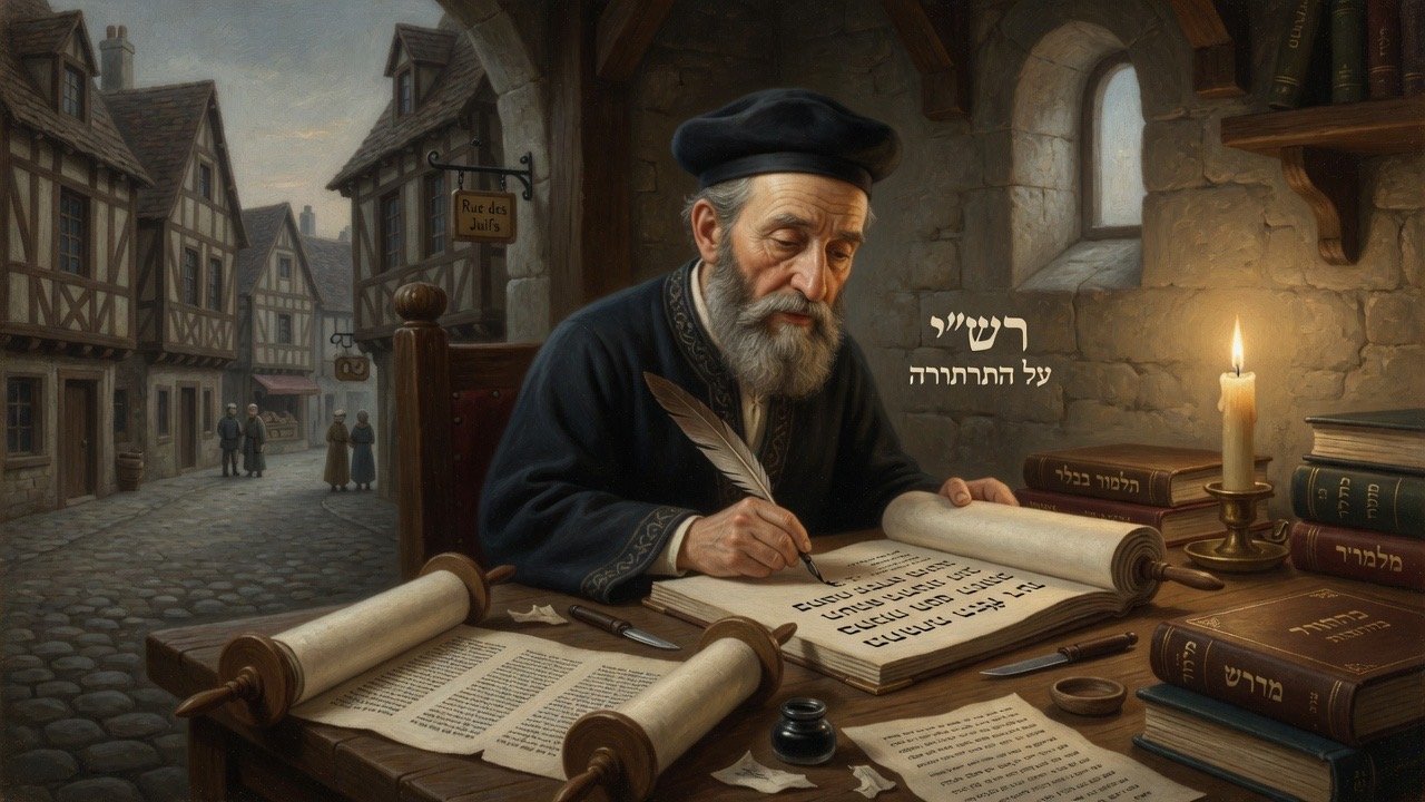 Cartoon illustration of Rashi writing Hebrew commentary in medieval Troyes
