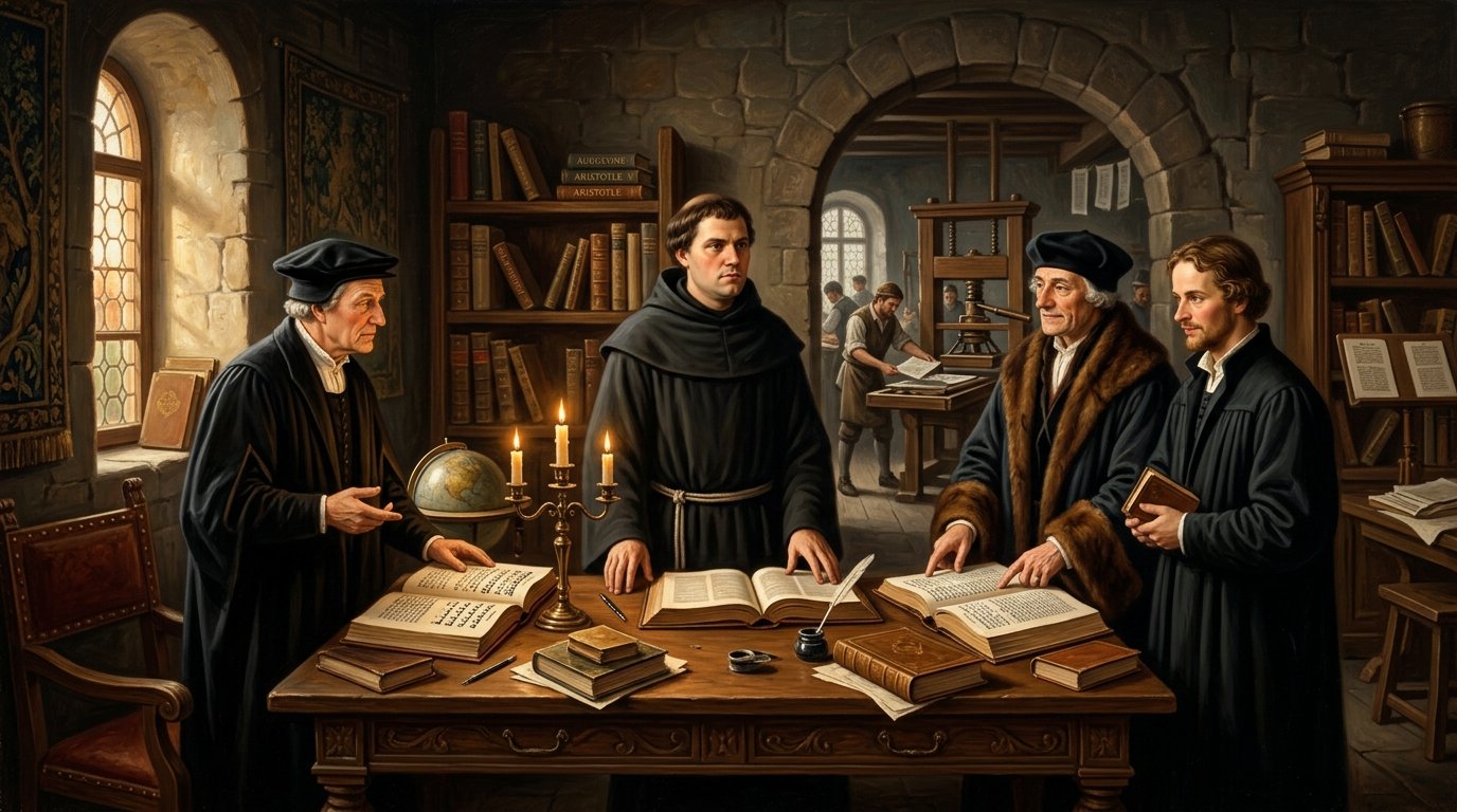 Historical oil painting of Martin Luther studying Greek and Hebrew manuscripts by candlelight in the Wartburg Castle