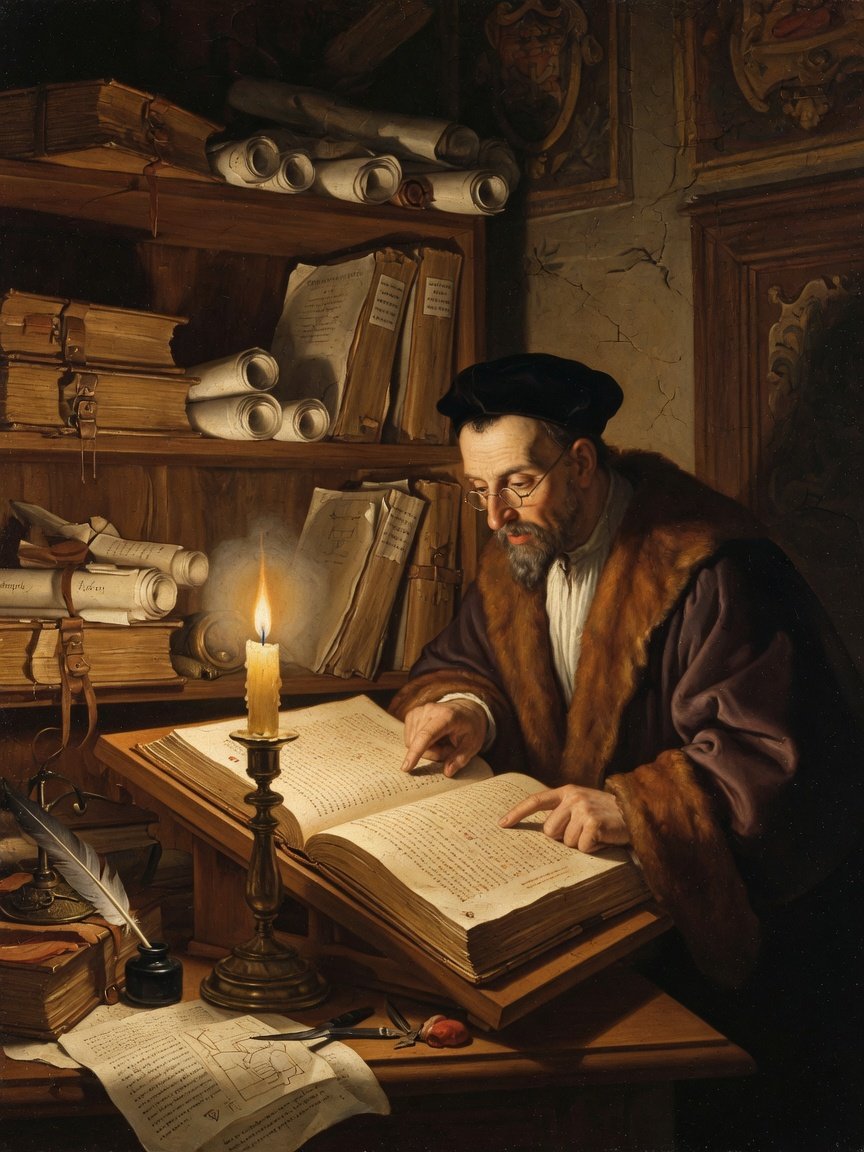 A Renaissance humanist scholar studying a Greek New Testament manuscript