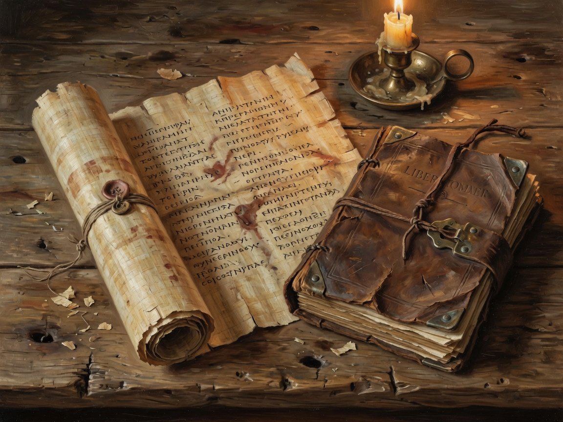 A papyrus scroll beside a bound codex on a wooden table