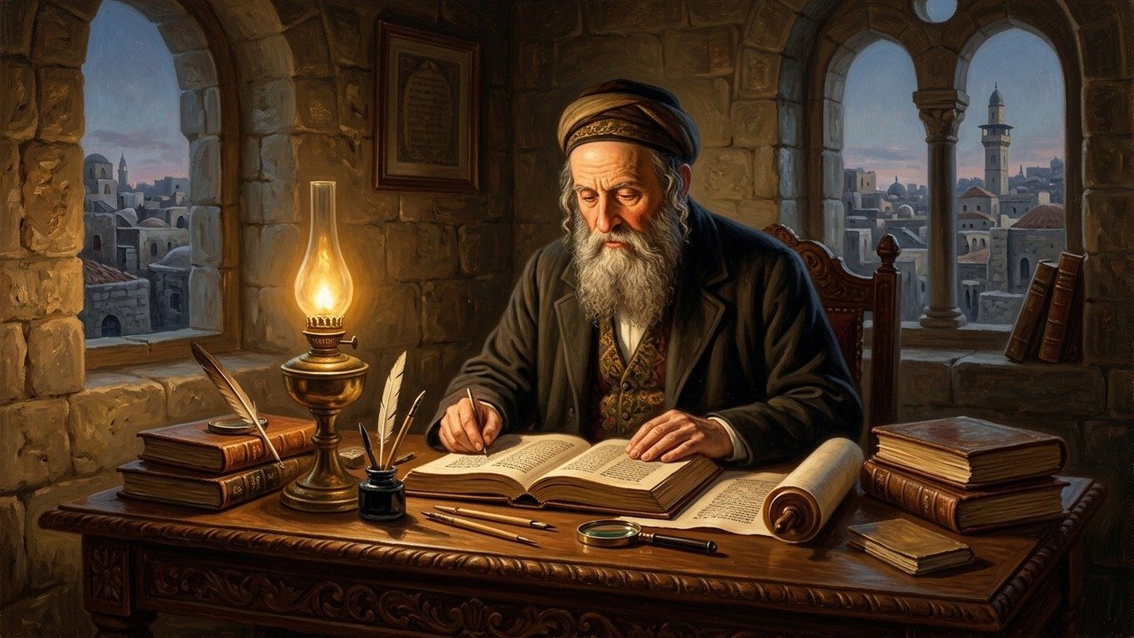 A nineteenth-century Jerusalem study with the Aleppo Codex, Torah scrolls, and a scholar’s lamp