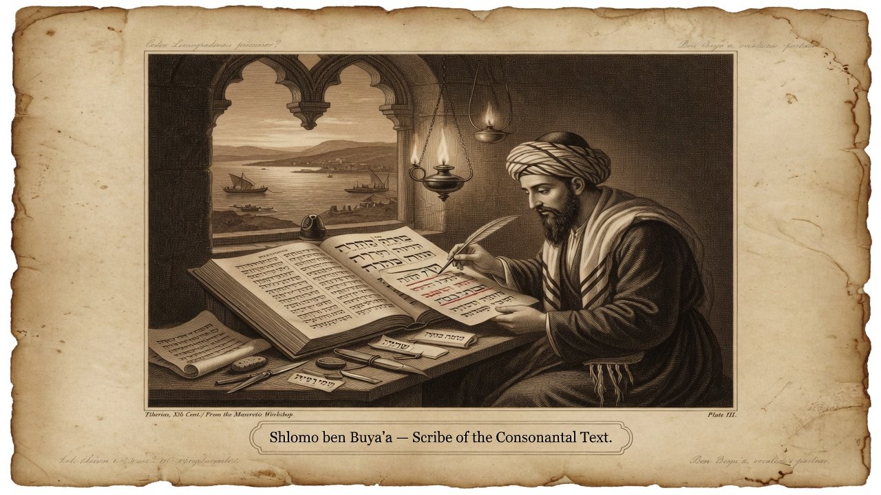Original illustration: Shlomo ben Buya'a writing the consonants of a Hebrew Bible codex in Tiberias