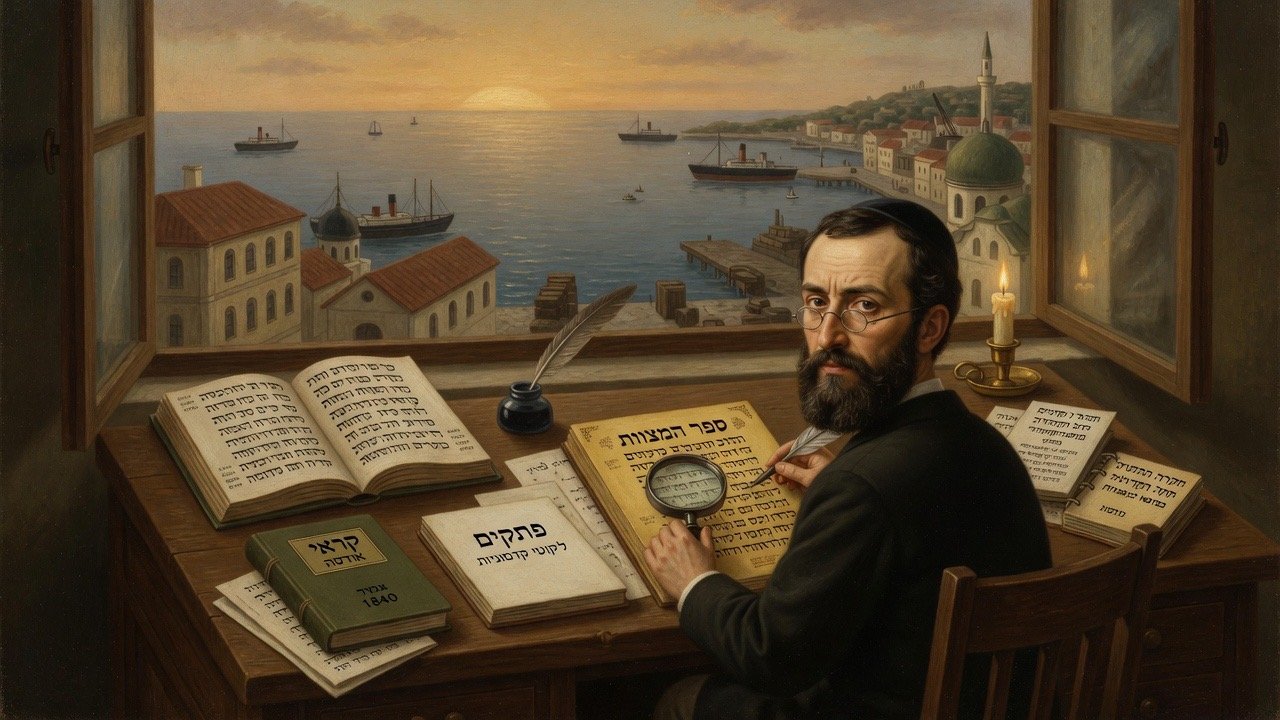 Cartoon illustration of Simhah Pinsker studying Hebrew manuscripts in Odessa