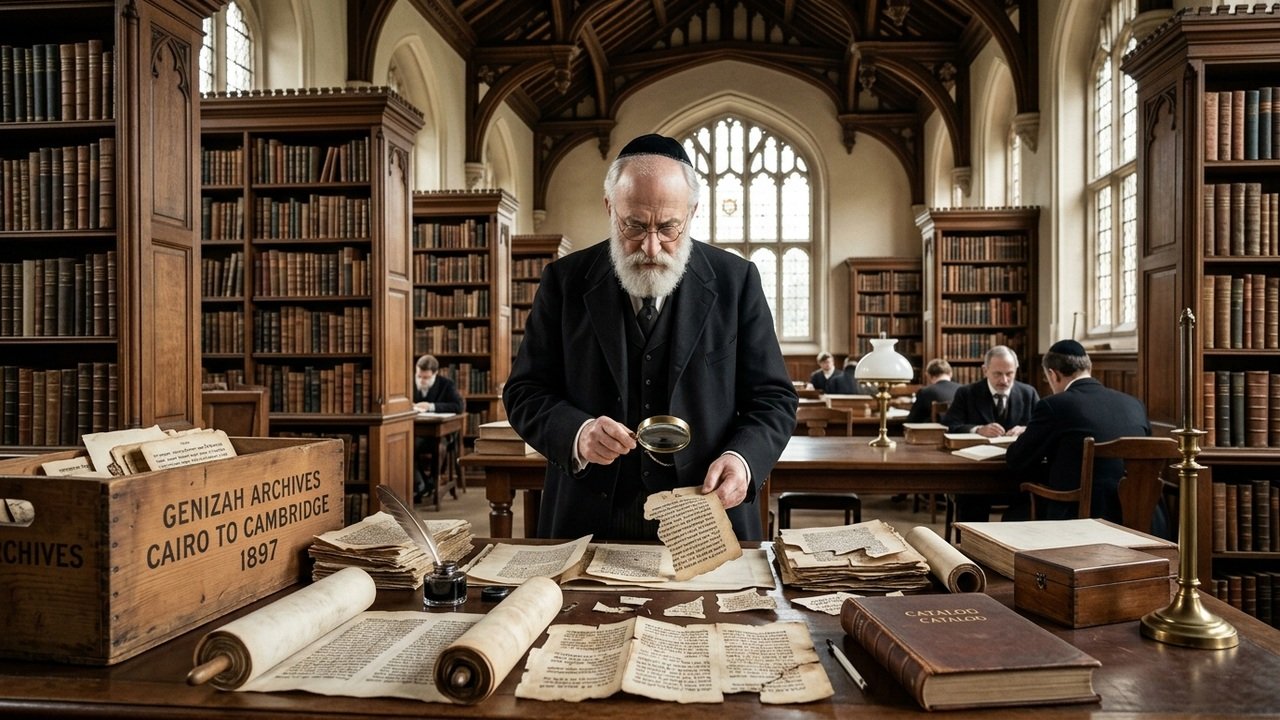 Solomon Schechter in the Cambridge University Library examining Cairo Genizah biblical manuscripts and fragments