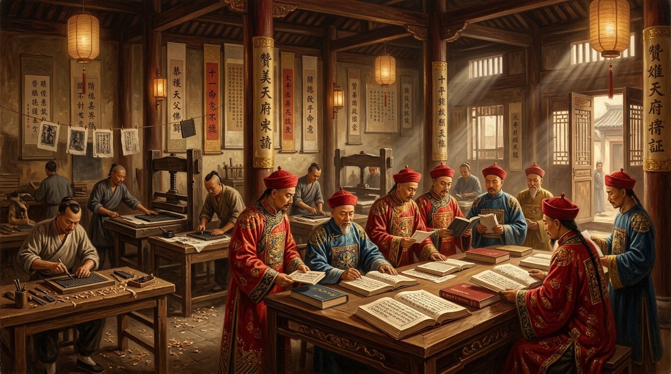 Historical Chinese woodblock print of Taiping soldiers holding banners and reading open Chinese Bible translations