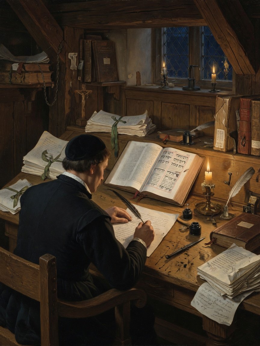 A Renaissance Bible translator at work with Greek and Hebrew Scriptures