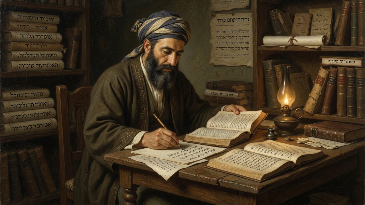 Oil-painting illustration of Saadia Gaon writing Hebrew and Arabic biblical commentary by lamplight in a tenth-century study