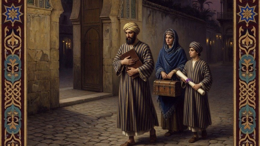 Original illustration: a Sephardi family flees Córdoba at twilight, carrying Hebrew codices and scrolls
