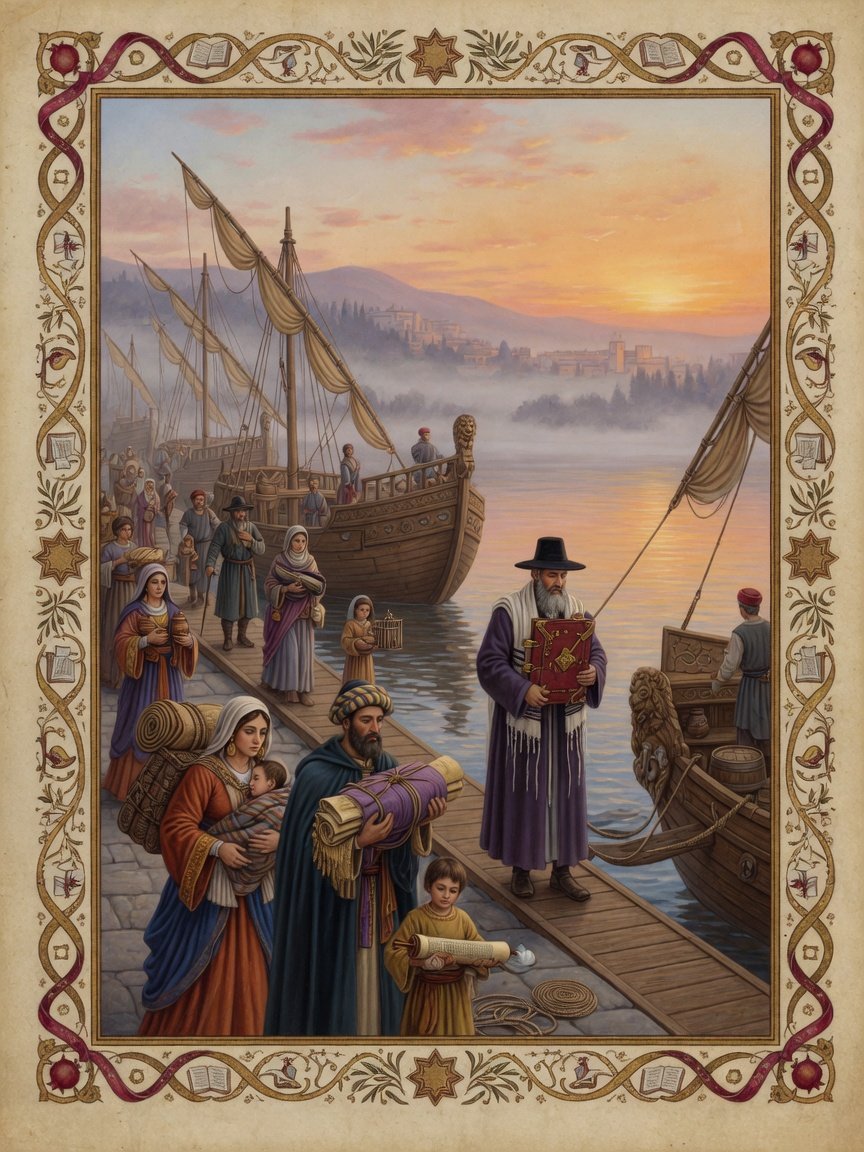Original illustration: Sephardi exiles boarding ships at an Iberian port in 1492, carrying Hebrew manuscripts