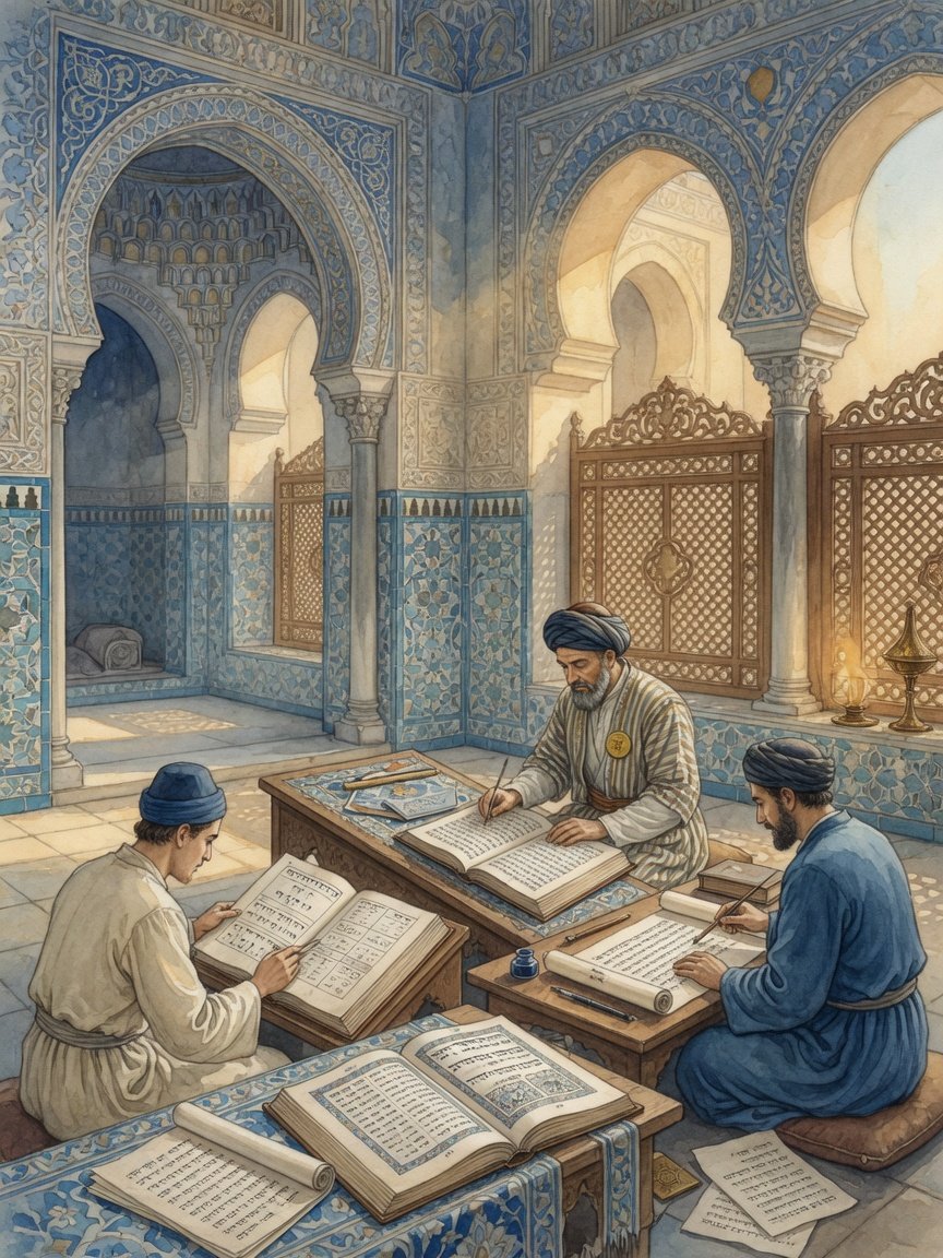 Original illustration: Jonah ibn Janach studying Hebrew roots and niqqud