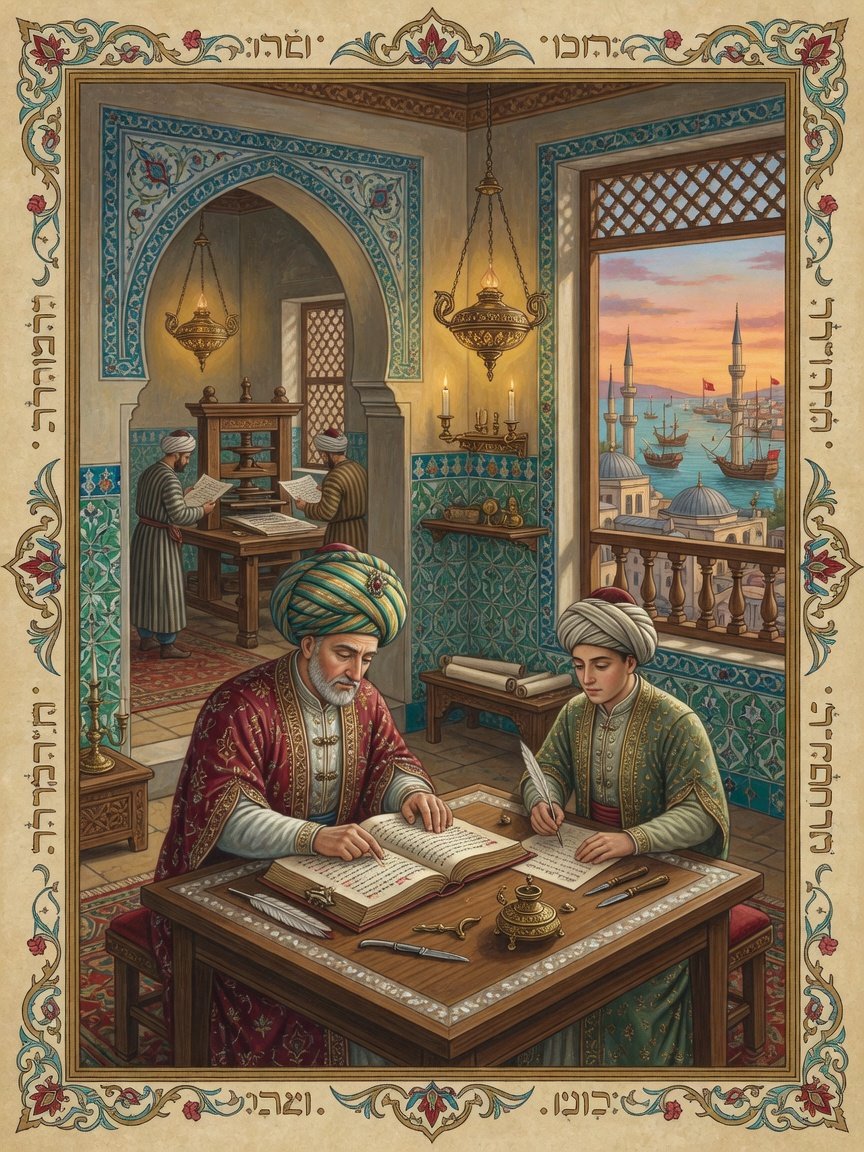 Original illustration: Sephardi scholars studying a pointed Hebrew codex in an Ottoman bet midrash with a printing press beyond