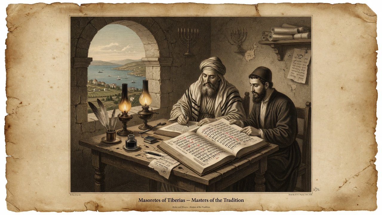 Original illustration: Masoretes of Tiberias studying a vocalized Hebrew Bible codex beside the Sea of Galilee