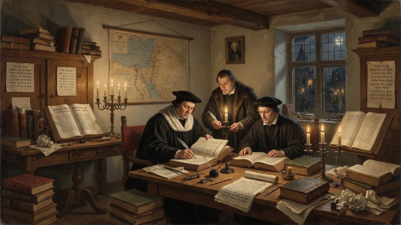 Wide 16:9 view of Wittenberg reformers translating the German Bible