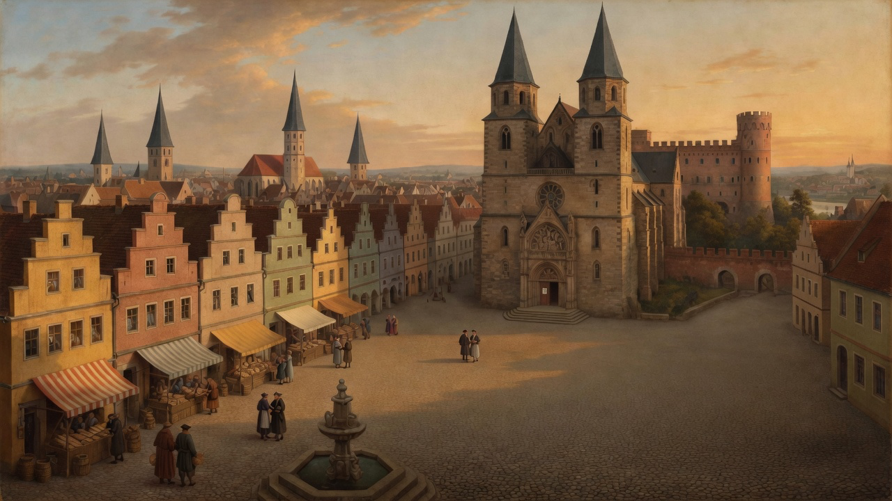 Wide 16:9 view of Reformation Wittenberg with scholars and Bibles